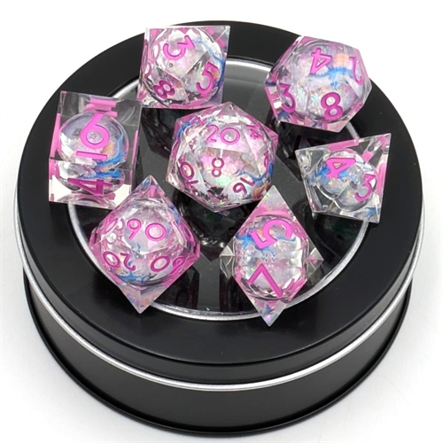 Liquid Core Dragon Dice - Crystal pink numbers - Resin dice set sharp edges - Epic Dwarf Dice